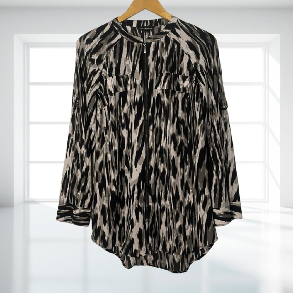 Rock & Republic Edgy Rocker Zipper Tunic Shirt M Black White Abstract Print - Picture 2 of 12